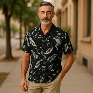 Tommy Bahama Mens Shirt L Black Blue White Gray Hawaiian Silk Floral Shirt F